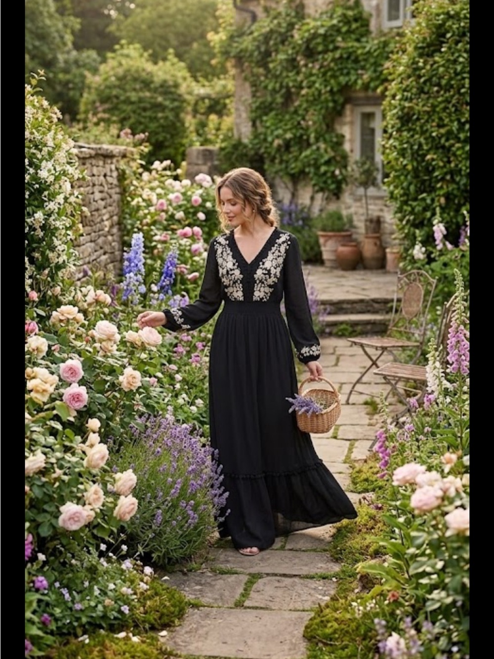 Savanna Jane Black Long Sleeve Embroidered V-Neck Maxi Dress